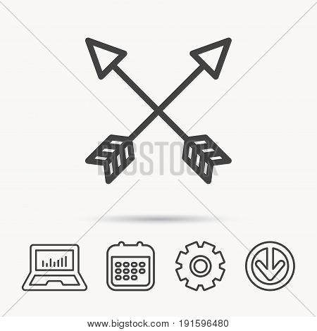 Bow arrows icon. Hunting sport equipment sign. Archer weapon symbol. Notebook, Calendar and Cogwheel signs. Download arrow web icon. Vector