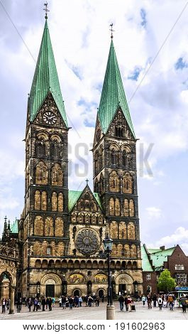 Bremen, Germany - May 29, 2017: Cathedral church square (Bremer Sankt Petri Dom) in Bremen, Germany