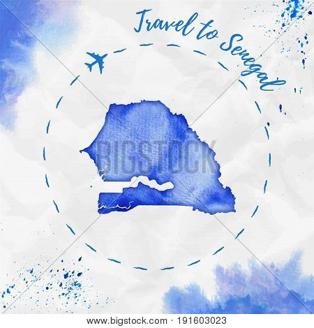 Senegal Watercolor Map In Blue Colors. Travel To Senegal Poster With Airplane Trace And Handpainted