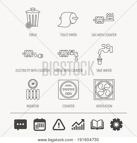 Ventilation, radiator and water counter icons. Toiler paper, gas and electricity counters linear signs. Trash icon. Education book, Graph chart and Chat signs. Vector