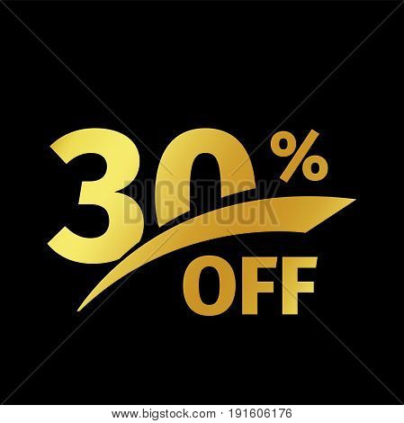 Black banner discount purchase 30 percent sale vector gold logo on a black background. Promotional business offer for buyers logotype. Thirty percentage off, discounts in the strict style coupon