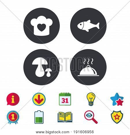 Chief hat with heart and cooking pan icons. Fish and boletus mushrooms signs. Hot food platter serving symbol. Calendar, Information and Download signs. Stars, Award and Book icons. Vector