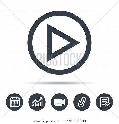 Play icon. Audio or Video player symbol. Calendar, chart and checklist signs. Video camera and attach clip web icons. Vector