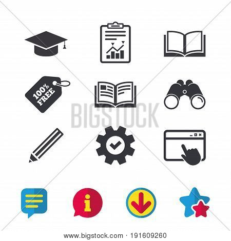 Pencil and open book icons. Graduation cap symbol. Higher education learn signs. Browser window, Report and Service signs. Binoculars, Information and Download icons. Stars and Chat. Vector
