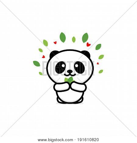 Cute Panda Eats leaves vector illustration, Baby Bear logo, new design line art, Chinese Teddy-bear Black color sign, simple image, picture with animal