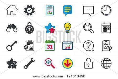 Home key icon. Wrench service tool symbol. Locker sign. Main page web navigation. Chat, Report and Calendar signs. Stars, Statistics and Download icons. Question, Clock and Globe. Vector