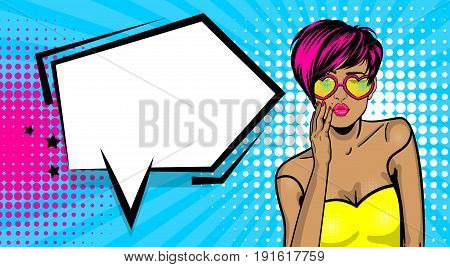 Cartoon vintage poster, colored white kitch cool girl heart sunglasses. Speech bubble comic text vector font illustration. Sale banner. Kiss sexy lips lipstick. Pop art style WOW face.