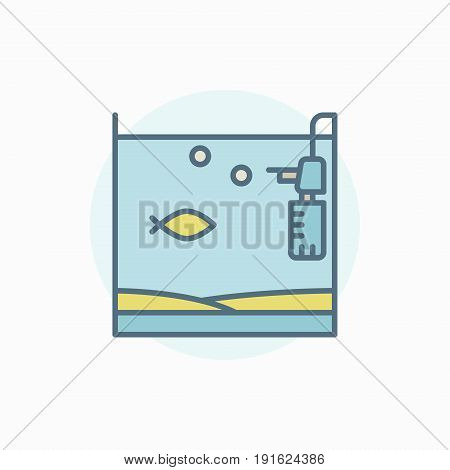 Home fish tank colorful icon - vector aquarium with yellow fish and filter symbol