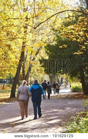 Families walking in autunal park
