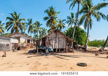 Ambatozavavy Nosy Be Madagascar - December 19 2015: Typical malagasy village - african beach hut poverty in Nosy Be Madagascar.