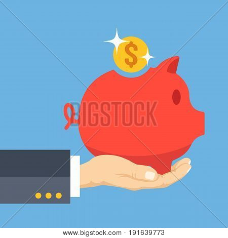Hand palm holding piggy bank with shiny gold coin. Money box, savings, investment concepts. Modern graphic design elements for web sites, web banners, etc. Creative flat design vector illustration