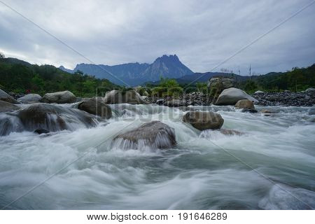 Melangkap River with Mount Kinabalu on background