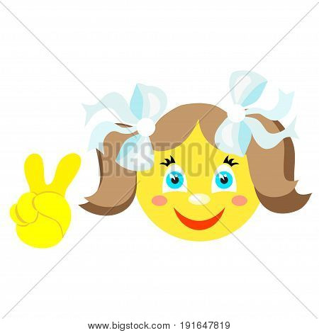 Smiley girl with Victoria gesture, V. Icons on a white background. Vector image in a cartoon style