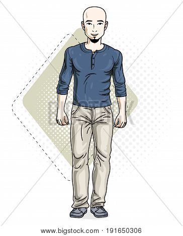 Handsome bald young man standing. Vector illustration of man with beard wearing stylish casual clothes.