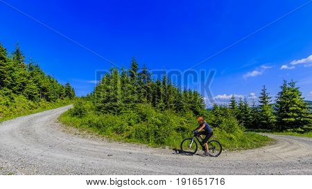 Mountain biking women riding on bike in summer mountains forest landscape. Woman cycling MTB outdoor sport activity.