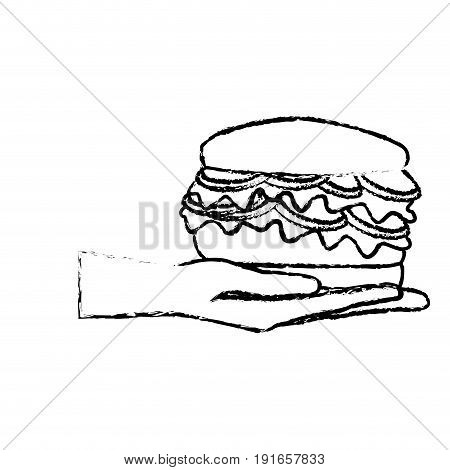 hand holding burger delicious unhealthy fast food vector illustration