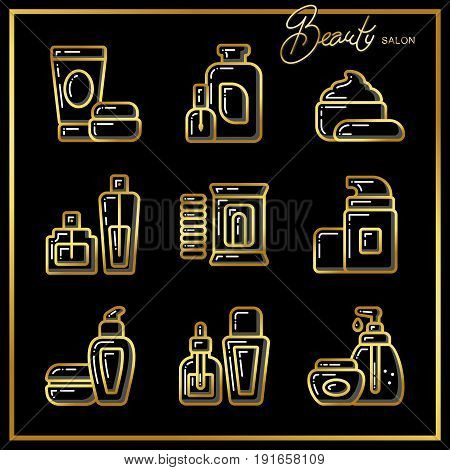 Set of beauty cosmetic tubes bottles jars icons drawn in gold lines on a black background. Vector illustration for use on booklets brochures flyers business beauty salons and hairdressers.