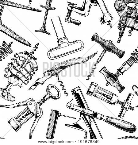 Seamless pattern with different corkscrews. Vector illustration in vintage engraved style.