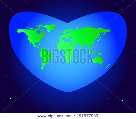 World Environment Day. Vector illustration of the mainland planet Earth green in a beautiful blue heart. Hearts in the form of a world map against the background of space and stars.