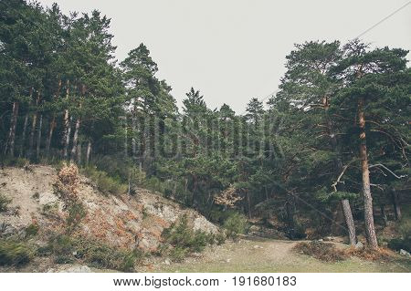 Mountain landscape. Beautiful cloudy moutainscape. Mountain scene. Serene scenery in wild nature. Misty mountain landscape. Mist in the forest. Misty mountains view in the early morning.