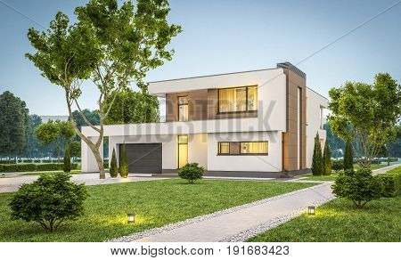 3D Rendering Of Modern House At Evening