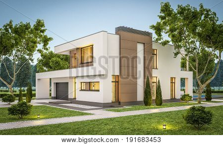 3D Rendering Of Modern House At Evening