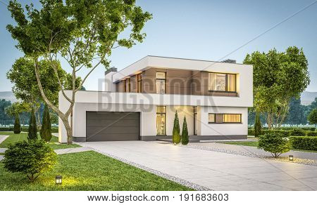 3D Rendering Of Modern House At Evening