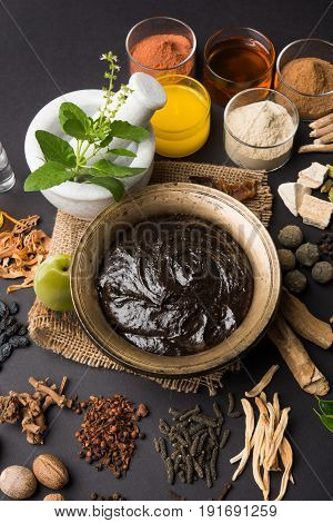 Indian Ayurvedic dietary supplement called Chyawanprash / chyavanaprasha is a cooked mixture of sugar, honey, ghee, Indian Gooseberry (amla), jam, sesame oil, berries, herbs and various spices