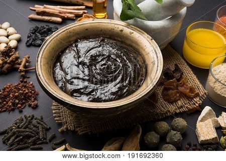 Indian Ayurvedic dietary supplement called Chyawanprash / chyavanaprasha is a cooked mixture of sugar, honey, ghee, Indian Gooseberry (amla), jam, sesame oil, berries, herbs and various spices