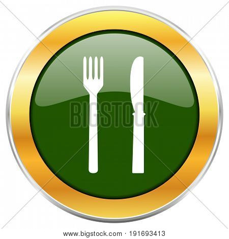 Eat green glossy round icon with golden chrome metallic border isolated on white background for web and mobile apps designers.