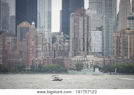 HMCS Glace Bay (MM 701) near Lower Manhattan WTC Financial District on the Hudson River during the Parade of Ships at the start of Fleet Week New York, JERSEY CITY NJ MAY 24 2017.