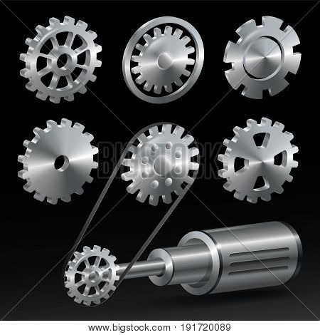 Realistic industrial gear set isolated on gray background. Vector illustration.