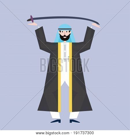 Arab man in black arabian national dress holding a sword over head. Vector illustration.
