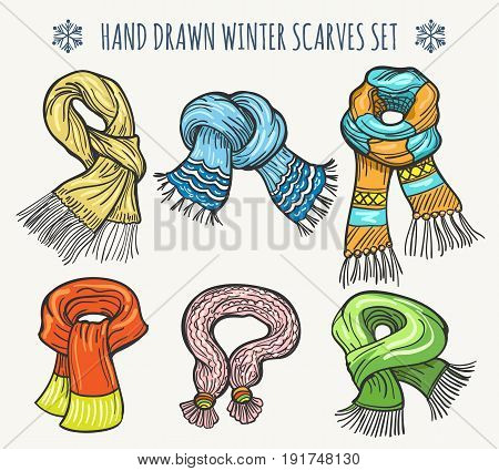 Woolen fashion hand drawn scarves isolated on white background. Christmas vector winter knitted striped scarf set