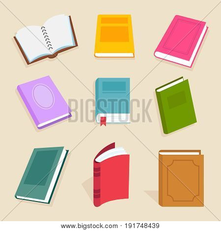 Flat vector books and reading documents. Open science textbook, encyclopedia and dictionary icons. Dictionary and literature textbook for school illustration