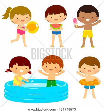 Young kids in swimsuits playing at the beach or the pool