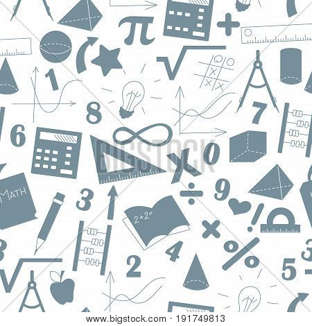 Seamless background with formulas and charts on the topic of mathematics and education a grey silhouettes of icons on the light background