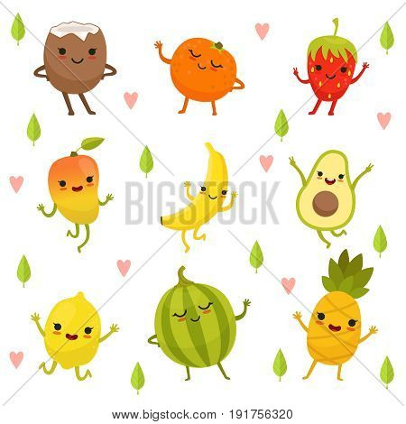 Funny emotion on cartoon fruits and vegetables. Vector illustration set. Food with face, vegetable cartoon smile happy