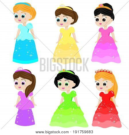 Cute kawaii fairy tale princess in colorful dresses. Girls in queen costumes. Cartoon characters collection. vector illustration