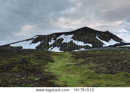 Iceland Green Hills With Snow Patches In Saefellsnes National Park. Amazing Iceland Mountain Landsca