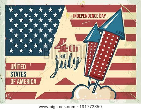 4th of July poster. Grunge retro metal sign with fireworks. Independence day. Celebration flyer. Vintage mockup. Old fashioned design