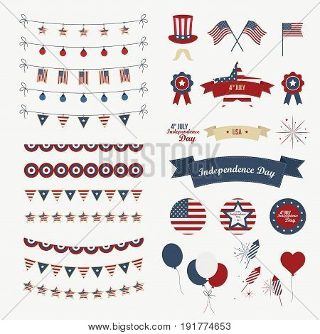 A set of design elements for Independence Day. 4th of July Objects Element. Isolated on white. Vector icons