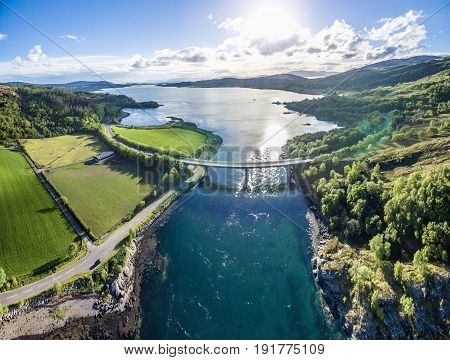 Aerial view of Loch Creran by the Loch Creran bridge, Argyll, Scotland