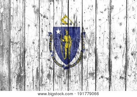 Flag of Massachusetts painted on wooden frame