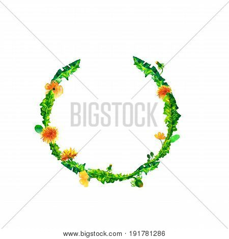 Watercolor floral spring round wreath with yellow dandelions, Natural hand painted floral watercolor flower illustration isolated on white background