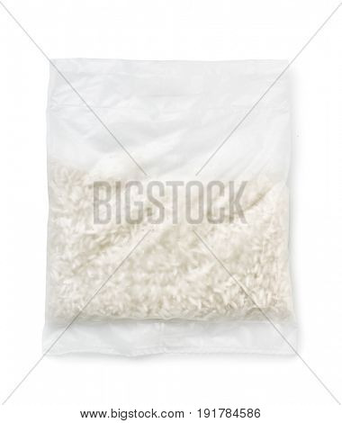 Top view of quick cooking rice bag isolated on white