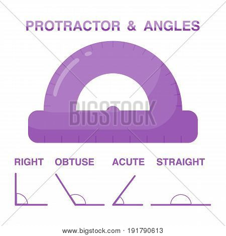 Protractor and angles vector flat icons set Flat design of engineering mathematics or geometry symbols isolated on the white background cute vector illustration with reflections