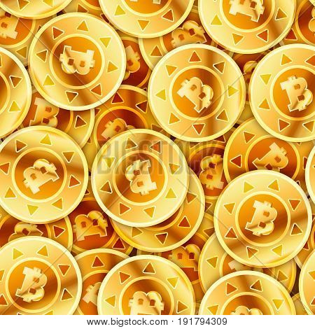 Bright glossy golden coins with bitcoin sign, seamless pattern
