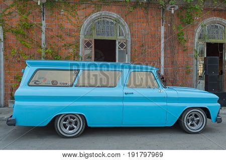 BANGKOK THAILAND - March 26 2017: show old car at Night market Srinakarin road that name is train market. This market is open every Wednesday to Sunday.