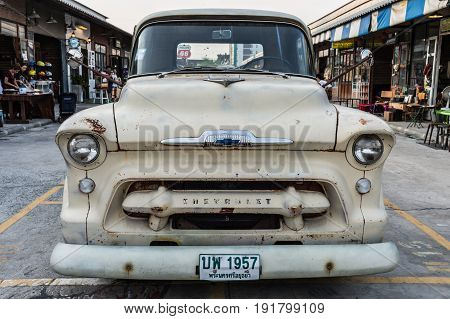 BANGKOK THAILAND - March 26 2017: show old chevrolet truck at Night market Srinakarin road that name is train market. This market is open every Wednesday to sunday.
